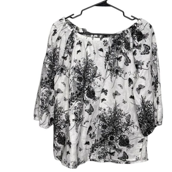 Linen Blend Hester & Orchard Floral Short Sleeve Boho Black White Print Top L - Picture 1 of 5